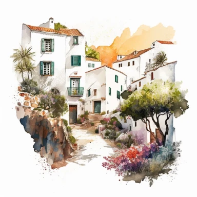 beautiful watercolor clipart of white houses on a cobbled street in a French hillside village near the Mediterranean sea, warm summer hues, compositions on an isolated white background. Bright landscapes illustrations, highly detailed