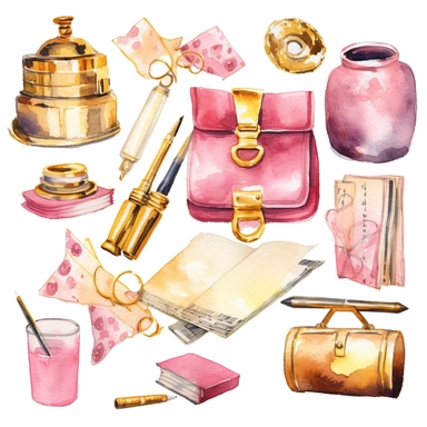 sweet pink and gold watercolor, bills , bills clipart, expense icon set, isolated white background, hand painting , single design, bold