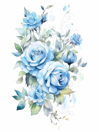 vintage beautiful victorian shabby chic blue roses frame on white background, blue theme, watercolor illustration, clipart