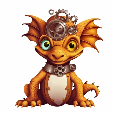 friendly dragon with cute eyes, in the style of steampunk, clipart, white background