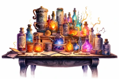 Create a watercolor clipart of an extraordinary magic elixir table with intricate carvings and glowing runes, displaying a variety of elixirs in whimsically shaped bottles, accompanied by spellbooks filled with arcane symbols and knowledge, viewed from a slightly tilted perspective, hd, spaced out, on a white background