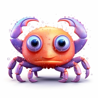 Cartoon cute crab, in the style of magali villeneuve, on a white background, Clipart, pastel neon colors, whimsical, magical, children illustration, twinkling lights, beautiful, sparkly, girly, feminine, engaging, High definition, 2D, HD, isolated on white background