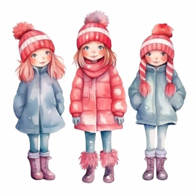 Set of watercolor cute little girl in winter clothes illustration for kids book, white backgroun, clipart, clean and crisp