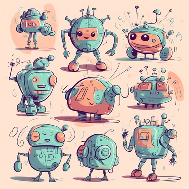clipart collection of scribbles and illustrations of a group of generative AI bots featuring an author bot, a coding bot, an illustration bot, photographer bot and an assistant bot, all non-binary characters, professional web design, friendly, cool, modern web illustration, two-tone, cute, playful, helping