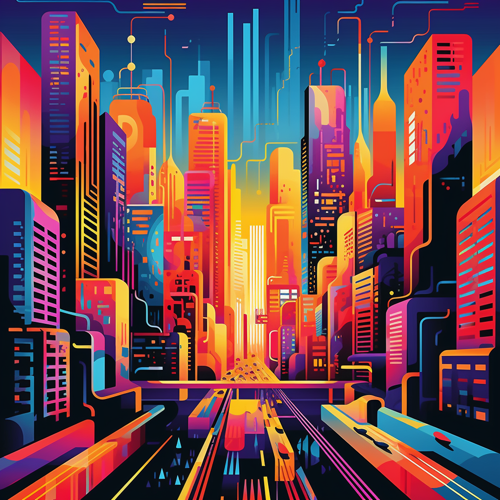 Imagine a vibrant cityscape transformed into abstract shapes and ...