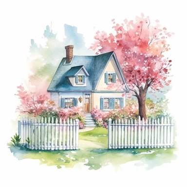 clipart, isolated on white background, beautiful cute Watercolor Spring Cottage - cute little house with fence and chimney, tree and flowers, ornated, pastel colors