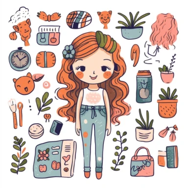 Create a collection of cartoon-style vector illustrations featuring various trending items on Etsy specifically for girls, all set against a clean white background. These illustrations should capture the charm, style, and popular trends that are sought after by girls on the Etsy platform in a playful and whimsical manner. Include a range of trendy items and themes that resonate with girls, such as cute accessories, fashion apparel, stationery, room decor, jewelry, and personalized gifts. Each il