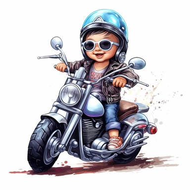 clipart of cute and cool baby girl on a harley davidson multicolor white background