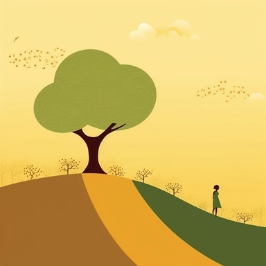 create a basic illustration clipart, super minimalist, very basic colours, with the silhouette of a woman climbing a large and thought mountain, a beautiful small tree at the top of the mountain representing success that the lady is looking for, motivational image, with very basic forms, basic and light yellow, brown and green shades, with very tiny flowers on the road of the small lady is walking towards the top.