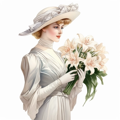 a beautiful edwardian lady holding a bouquet of casablanca lilies wrapped in ribbons, digital watercolor illustration, white background clipart