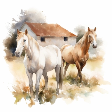 close up view of a. realistic watercolor drawing of horses on a charming farm in France, on a white background where the background will be removed to repurpose as a clipart.
