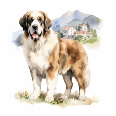 high detailed, Hand drawn watercolor clipart of a happy St. Bernard In Italy Alps, on a pure white background for background removal, no shadow, no paint splash