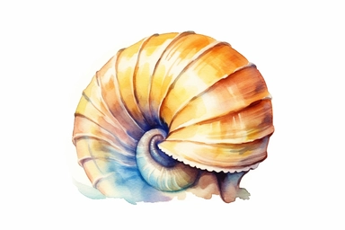 Watercolor, Generate an artistic representation of a bonnet shell, emphasizing its rounded shape and subtle hues, clipart, hd, on a white background, spaced out