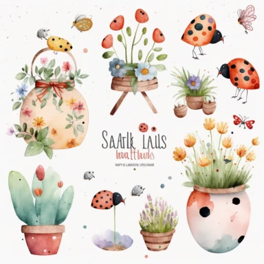 spring time watercolor storybook illustrations clipart set, ladybirds watercolor, white background, simple, soft colors, boho, minimalism ,garden tools accessories ,balloons, wooden pots , ladybirds