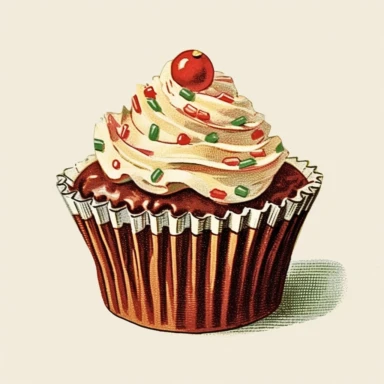 vintage Christmas chocolate cupcake clipart, with chocolate frosting, sprinkles, candy, m’n’ms, 1940s , chromolithograph, on a cream colored background