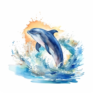 A playful dolphin jumping out of sparkling, sunlit ocean waves clipart, white background, watercolor drawing
