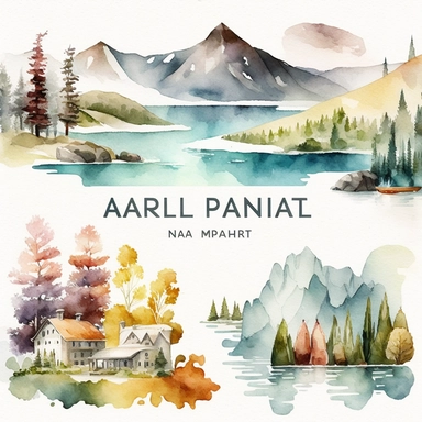 watercolor clipart North America, Europe, and Asia landscapes, digital illustration, 8k, hd ar 16:9 v5