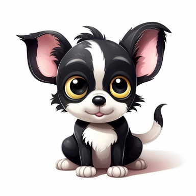 clipart, cute black and white Chihuahua puppy character, Cartoon style, adorable, ultra-high details, white background, chibi, kawaii, big bright eyes