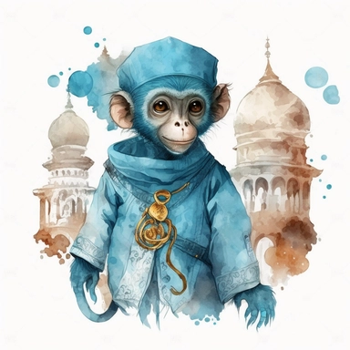 clipart, a cute little Aladdin's monkey, style of Aladdin fairytale, Beautiful Gothic arabian Fantasy, light blue Watercolour, in the center of the image, white background, no mockup, no caption