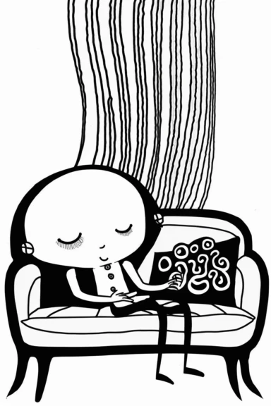 An octopus with a huge pink human brain on a sofa, very simple line art, clipart, black and white, dark lines