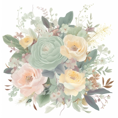 detailed floral clipart featuring an assortment of soft pastel flowers and soft green foliage arranged in an elegant bouquet, wedding style, on a white background, the composition should highlight the delicate petals, intricate patterns, and unique shapes of the individual flowers. Capture the essence of a flourishing garden with a harmonious blend of colors and a variety of floral elements, including roses, tulips, daisies, and wildflowers. Present the clipart on a transparent background, allow