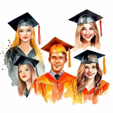 watercolor graduation ceremony related scenes, illustrations clipart set, simple, , cartoon elements ,different variants , separate elements with a margin, ,4k, high resolution