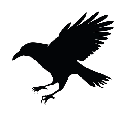 black and white silhouette of a flying halloween bird, clipart style, white background, thick lines, vector, simple design, flat colour, solid colour