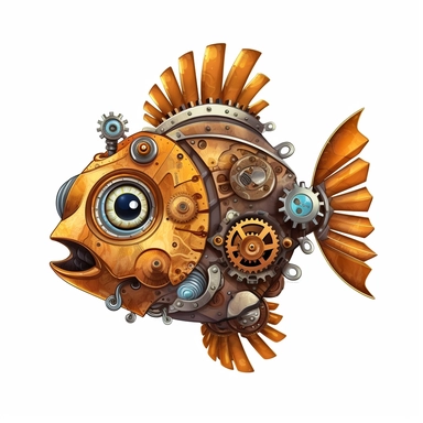friendly fish with big cute eyes, standing up, in the style of steampunk, clipart, white background, lots of cogs