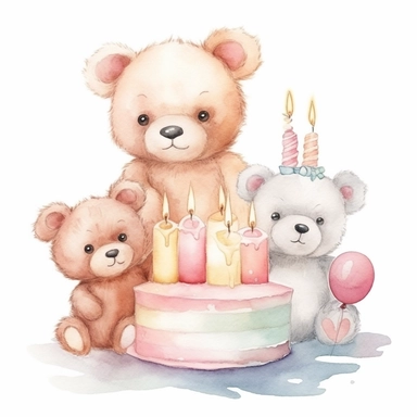 birthday cake kids cute adorable baby teddy bears one candle on watercolor illustration clipart, soft colors on white background