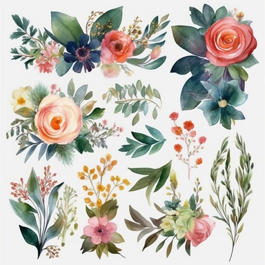Design a set of watercolor-style digital cliparts specifically for wedding and event decorations. The cliparts should include elements such as flowers, garlands, wreaths, ribbons, and romantic symbols like hearts and doves. Consider various color palettes and styles to cater to both traditional and modern weddings and events. The cliparts should be versatile and suitable for use in invitations, save-the-date cards, menu cards, table cards, seating charts, and other decorative elements