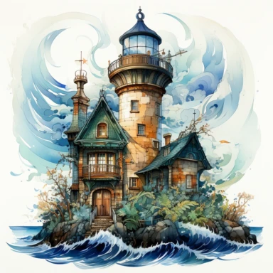 Fantasy dreamlike lighthouse Clipart, Watercolor, hyper realistic, intricate detail, illustration style, high resolution, on the white background