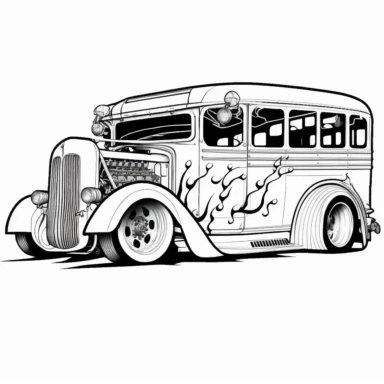 hot rod schoolbus, flame job : black and white line art, white background, flat, single image clipart style