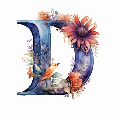 Watercolor illuminated initial, letter D , Clipart, D, witchy, magical, whimsical , white background, png