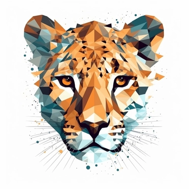 Minimalist cheetah face, in the style of cubist shattered planes, flat design, poster, wild life, clipart, white background