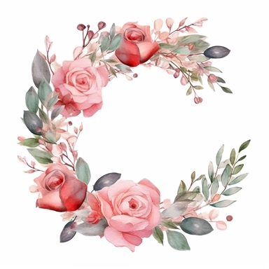 A romantic wreath composed of soft watercolor roses and eucalyptus leaves, perfect for wedding or anniversary-themed designs watercolor art style clip art