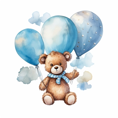Watercolor Teddy Bear , Blue Aeroplane Balloons clothes, Baby Shower for a boy, Clipart, sweet, cuddly, happy, Transparent background PNG, Blue Aeroplane Balloons q2 v4