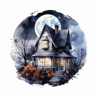 hyperrealistic high detailed witch cottage with fullmoon, watercolor clipart, white background