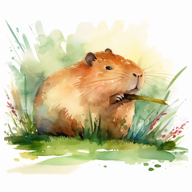 a watercolor clipart of A capybara lying on its back, basking in the sun with a blade of grass sticking out of its mouth. Depict its chubby belly and satisfied demeanor