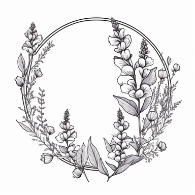 circle Botanical Frame, angelonia, clipart, white background, continuous line