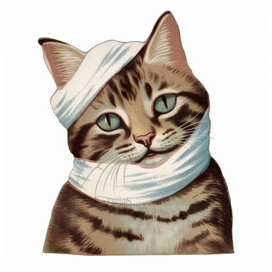 Vintage 1920 tabby cat with one eye closed & bandage Illustration, Chromolithograph, 1920s Illustration, Vintage, Chromolithograph, Colorful, Antique, Ephemera, Clipart, 8k, Isolated on white