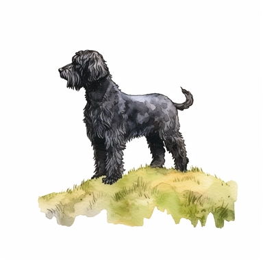 side view high detailed, Hand drawn watercolor clipart of a happy Black Labradoodle enjoying the green hill , on a pure white background for background removal, no shadow, no paint splash