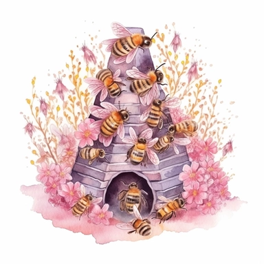 clipart, isolated on white background, beautiful cute Watercolor Spring honeybee into the beehive, ornated, pastel colors