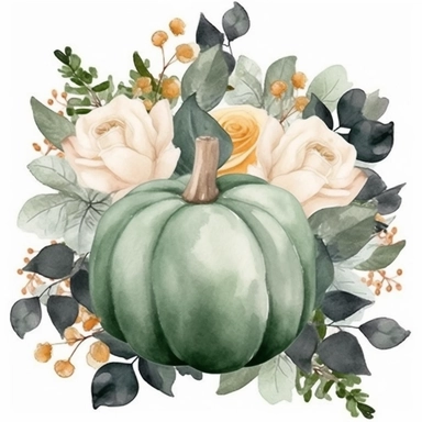 Dark green pumpkin, bouquet of white roses, green leaves, gray eucalyptus leaves, white fruits, watercolor, clipart, illustration, white background
