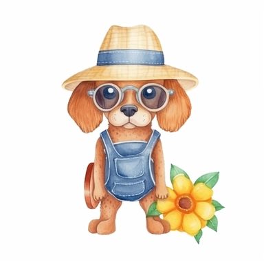 Summer cute cartoon dog dressed for summer, clipart, watercolor illustration for kid, white background
