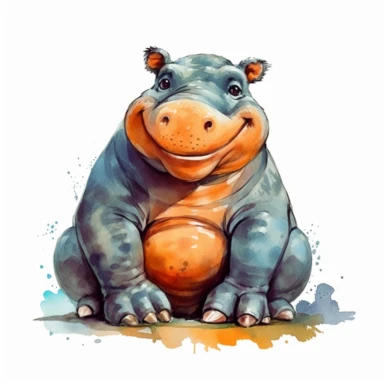 cute Hippopotamus Clipart sitting and smiling in the style of oil painting, on a white background