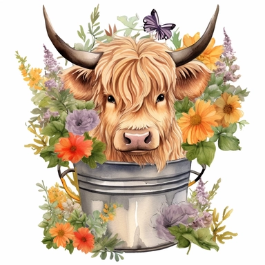 baby highland cow in a small rustic tub covered in flowers and grass with wildflowers all over the place clipart add a ton of flowers clipart watercolor make it cute