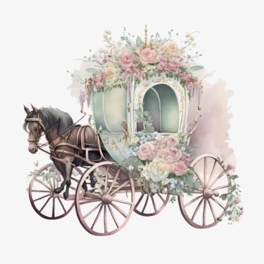 beautiful watercolour pastel fairy flower beautiful detailed wedding horse drawn carriage, wedding carriage , horse and cart, Clipart style, transparent background