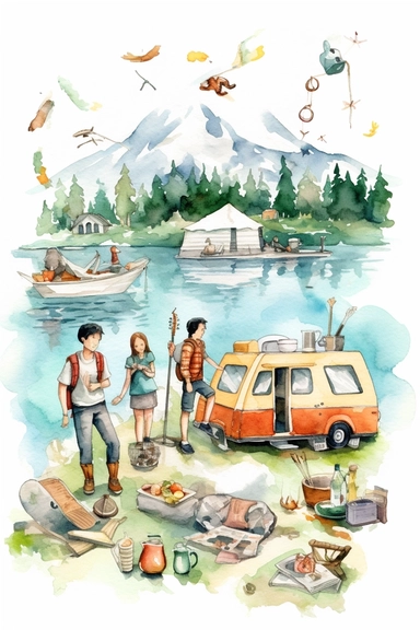 create a hand drawn watercolor clipart depicting families enjoying camping together, engaging in activities like hiking, fishing, or playing games, 4k,