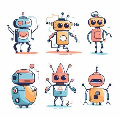 clipart collection of scribbles and illustrations of a group of generative AI bots featuring an author bot, a coding bot, an illustration bot, photographer bot and an assistant bot, all non-binary characters, professional web design, friendly, cool, modern web illustration, two-tone, cute, playful, helping