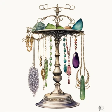 Victorian Jewelry Stand: Create a clipart featuring a Victorian-inspired jewelry stand with hooks or branches for hanging necklaces, bracelets, and earrings, watercolor Clipart, watercolor Sublimation graphics, hand drawn illustration by james christensen style, Watercolor clipart, single design, single object, print on demand image, PNG transparent background, white background for removing background - - no text shadow font watermark, 8k